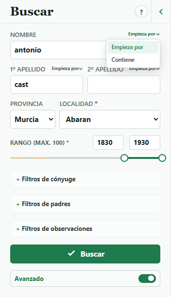 Filtros avanzados con operadores, localidad obligatoria, rango y filtros extra