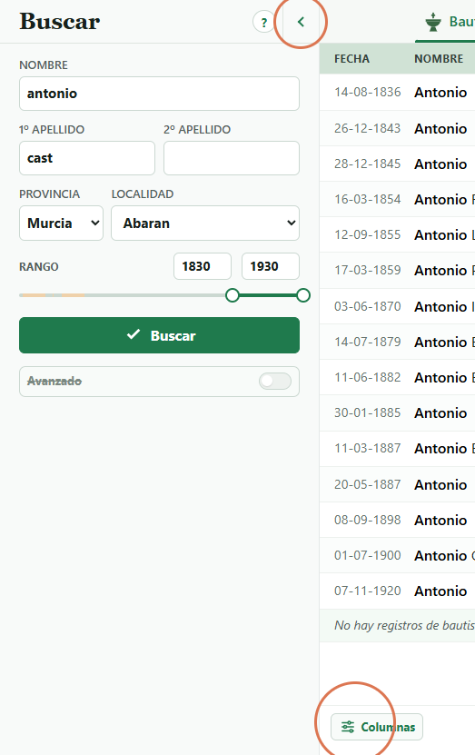 Botones para configurar columnas y plegar el panel marcados con círculos