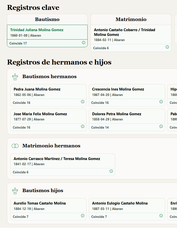 Registros clave y registros de hermanos e hijos sugeridos